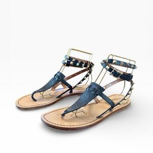 Valentino Rockstud Black Leather Thong Wrap Around Strap Flat Sandal 37.5 US 7.5